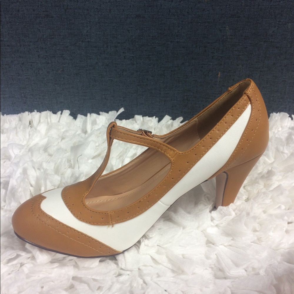Chase & Chloe Retro Tan Cream Shoe Vintage Pinup - Picture 4 of 5